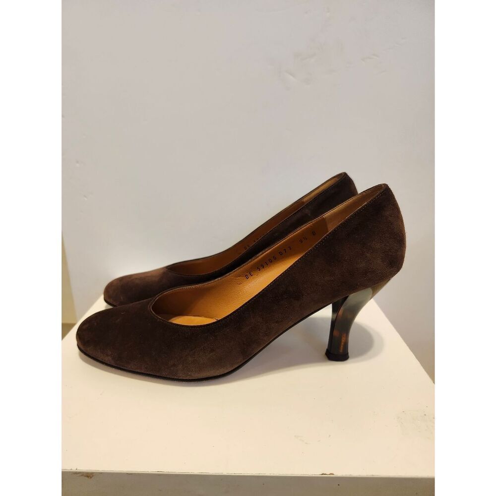 Salvatore Ferragamo Rich Brown Suede Round Toe Tortoise Heel Pumps Sz. 9.5 $650